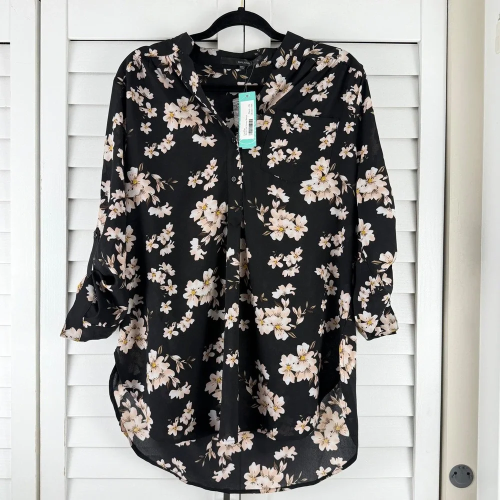 Fun2Fun Mackenzie Henley Blouse Black‎ Floral Roll Tab Sleeve Top XL